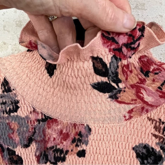 Zara Pink Floral Smocked Top Medium Boho Ruffled Mock Neck and Hem Cottagecore - Picture 6 of 15